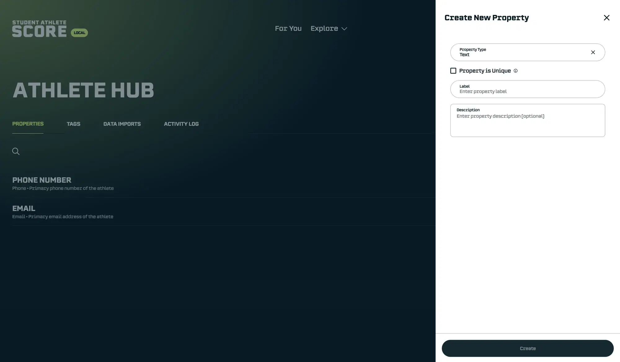 Property creation sidebar