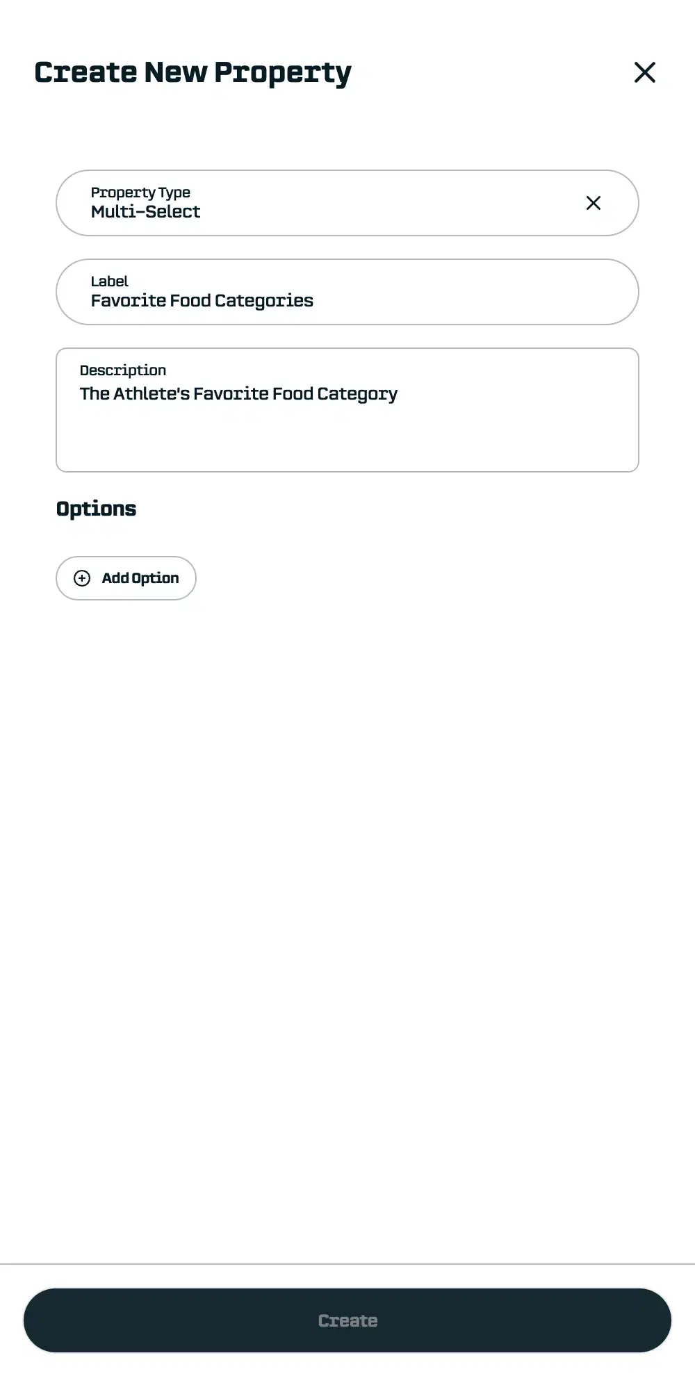 Selecting Multi-Select property type, entering property label and description