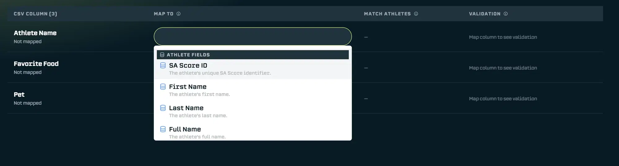 Mapping a CSV Column to an Athlete Field or Athlete Hub Property