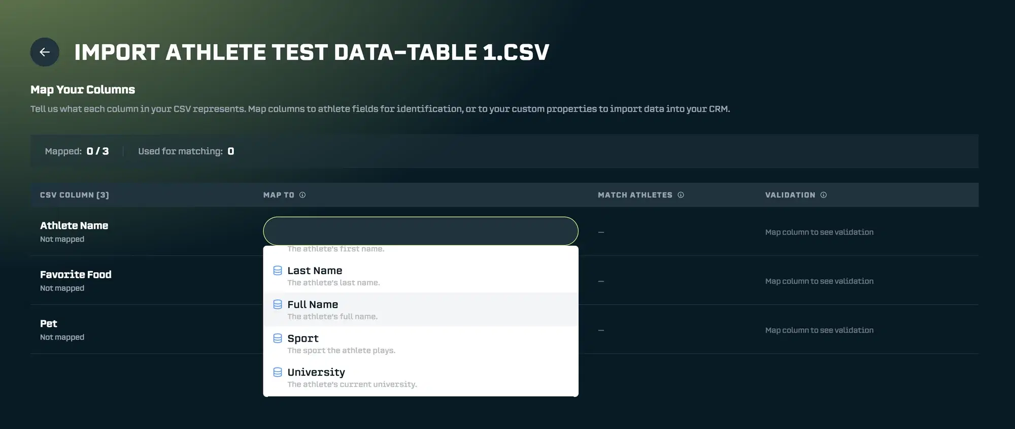 Mapping CSV Column “Athlete Name” to Athlete Field “Full Name”