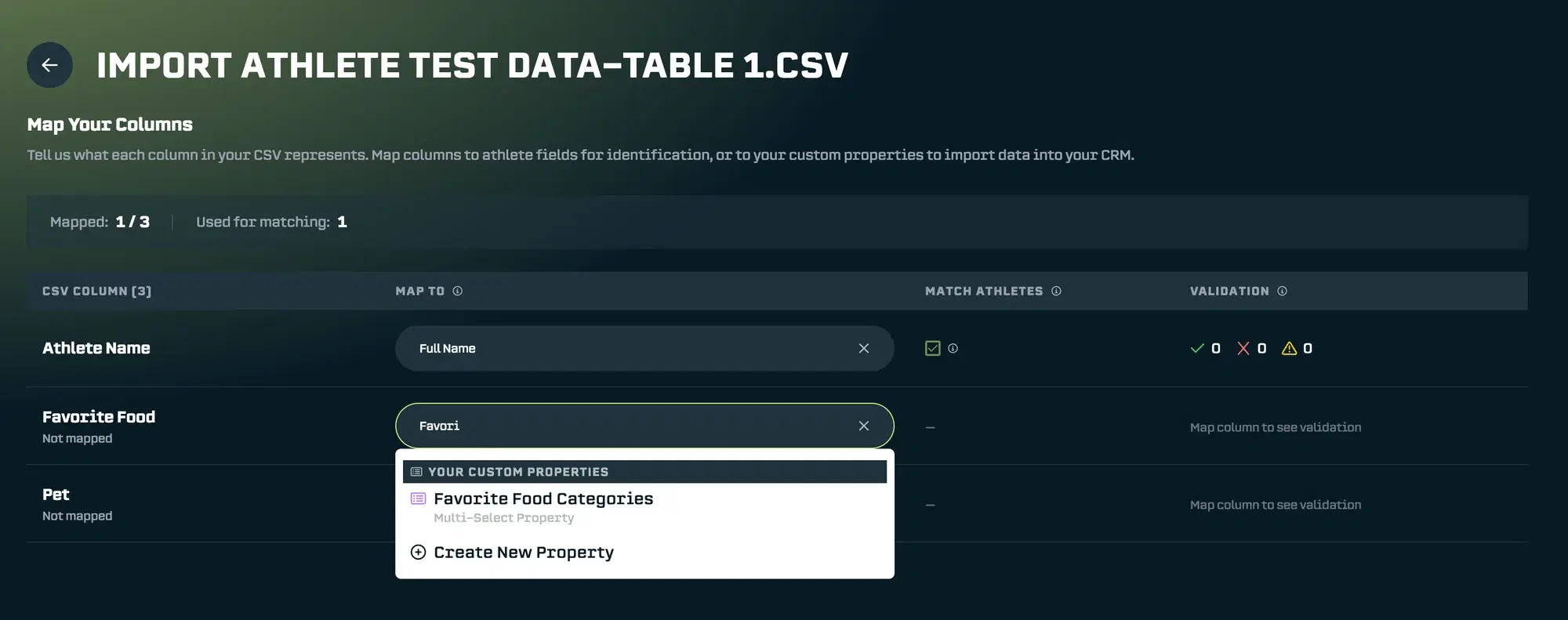 Mapping CSV Column “Favorite Food” to Athlete Hub Property “Favorite Food Categories”