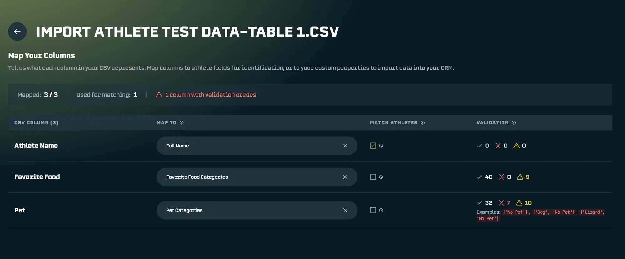 Mapping CSV Column “Pet” to Athlete Hub Property “Pet Categories”