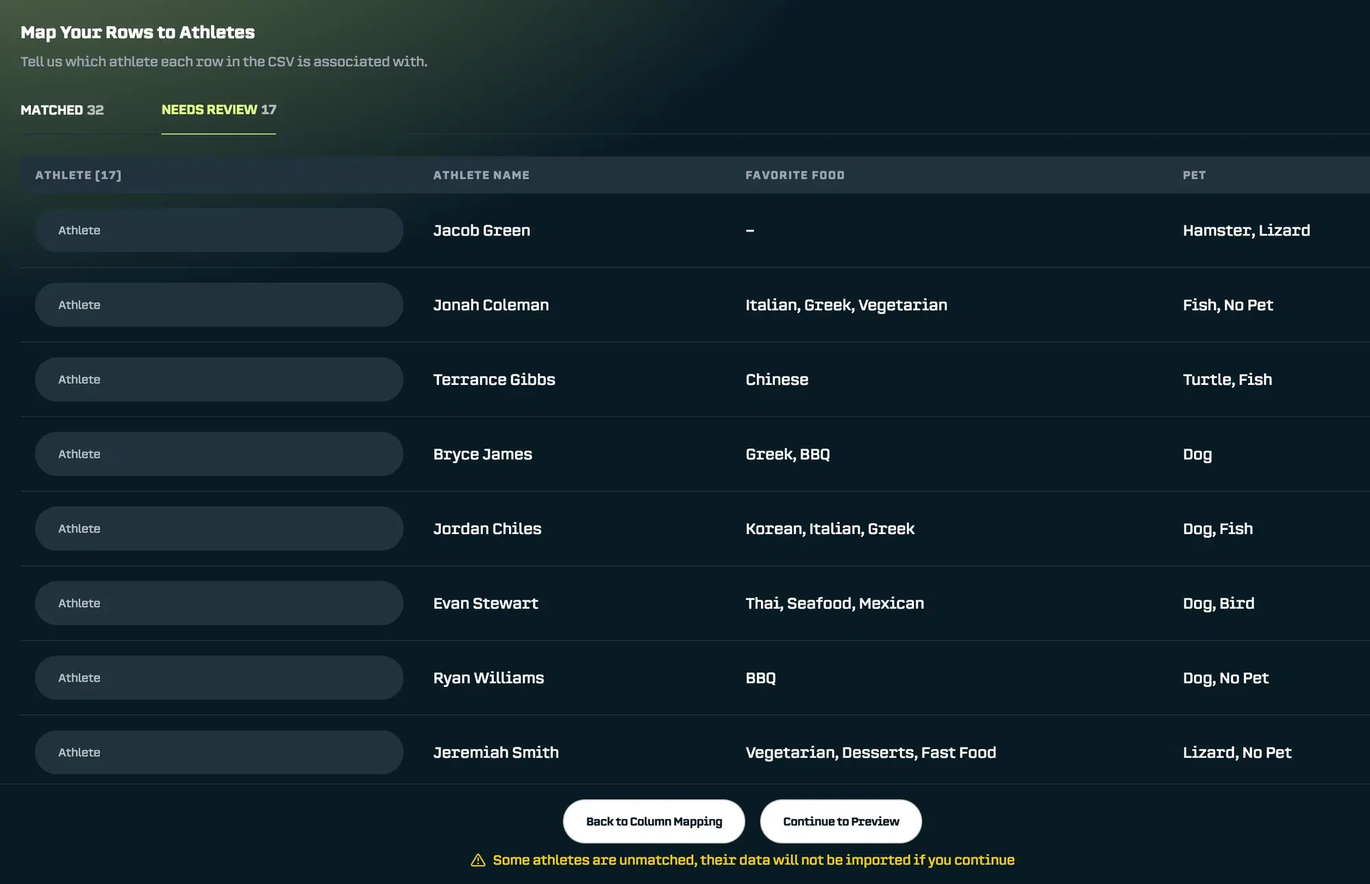 Review tab showing unmatched rows