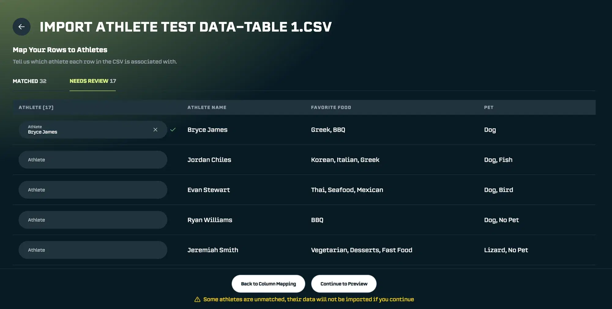 After selecting an athlete match, you’ll see a green check mark appear. Click it to confirm the match.