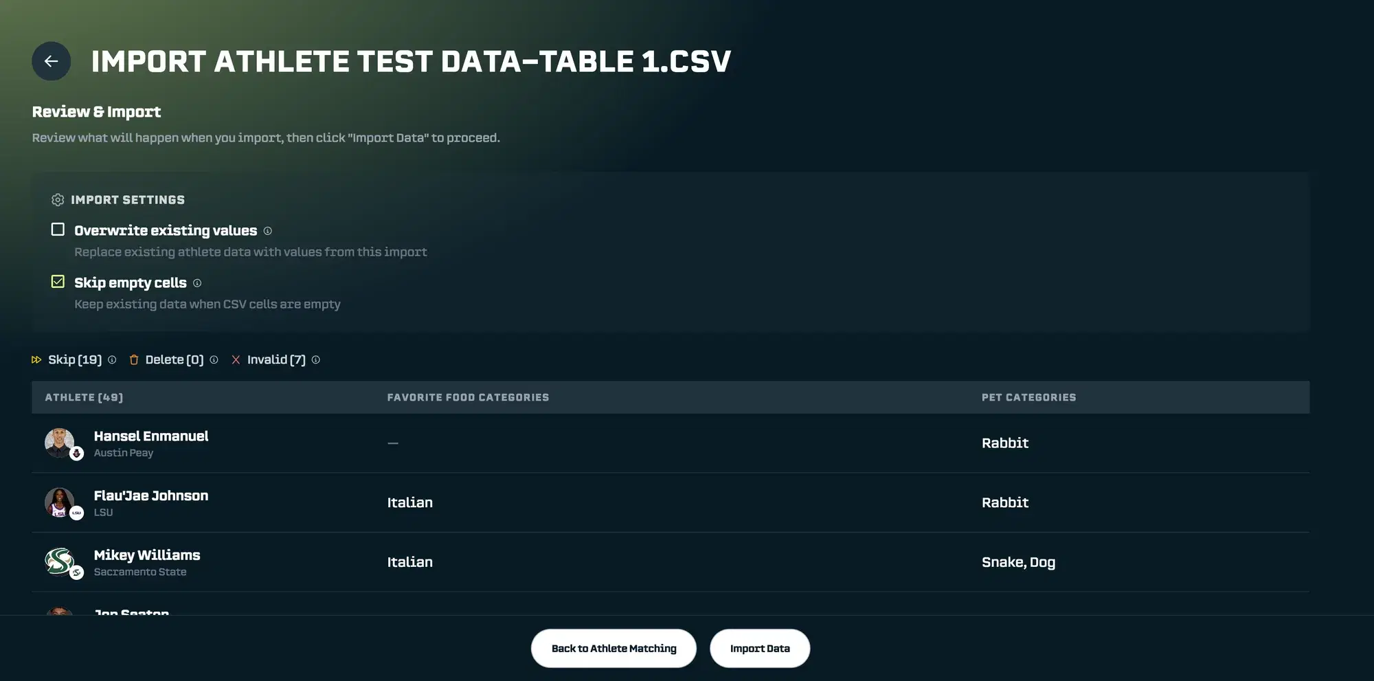 Review screen showing data to be imported