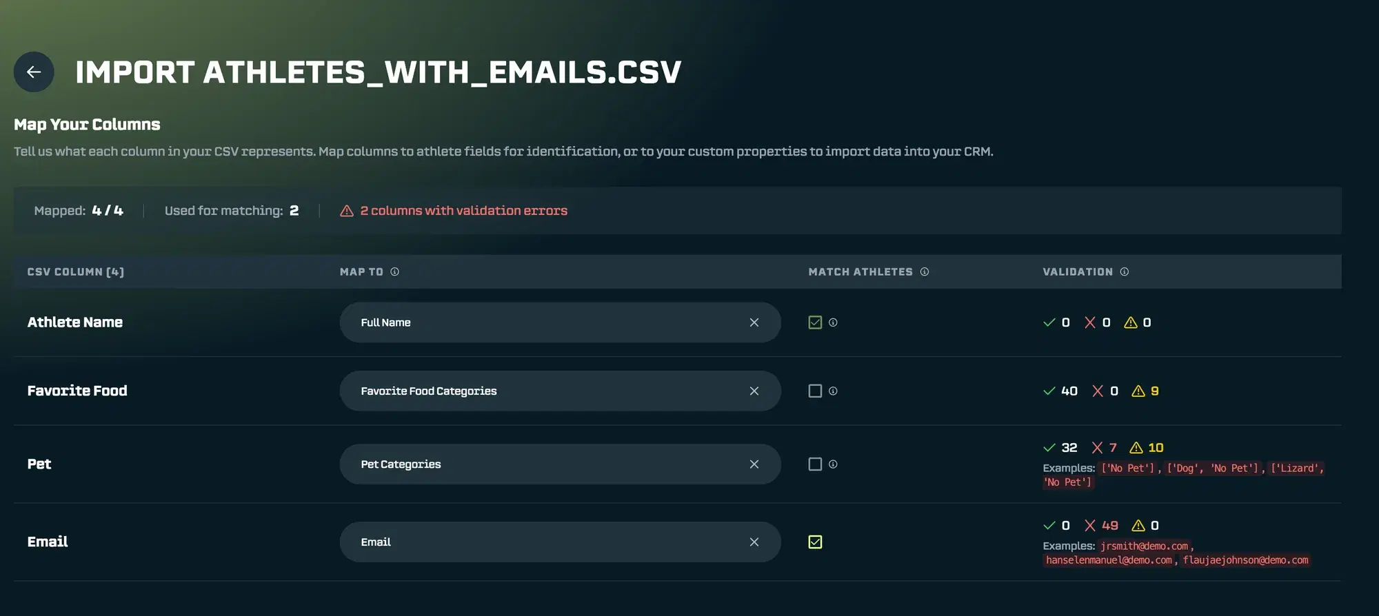 Check Match Athletes for the unique email property