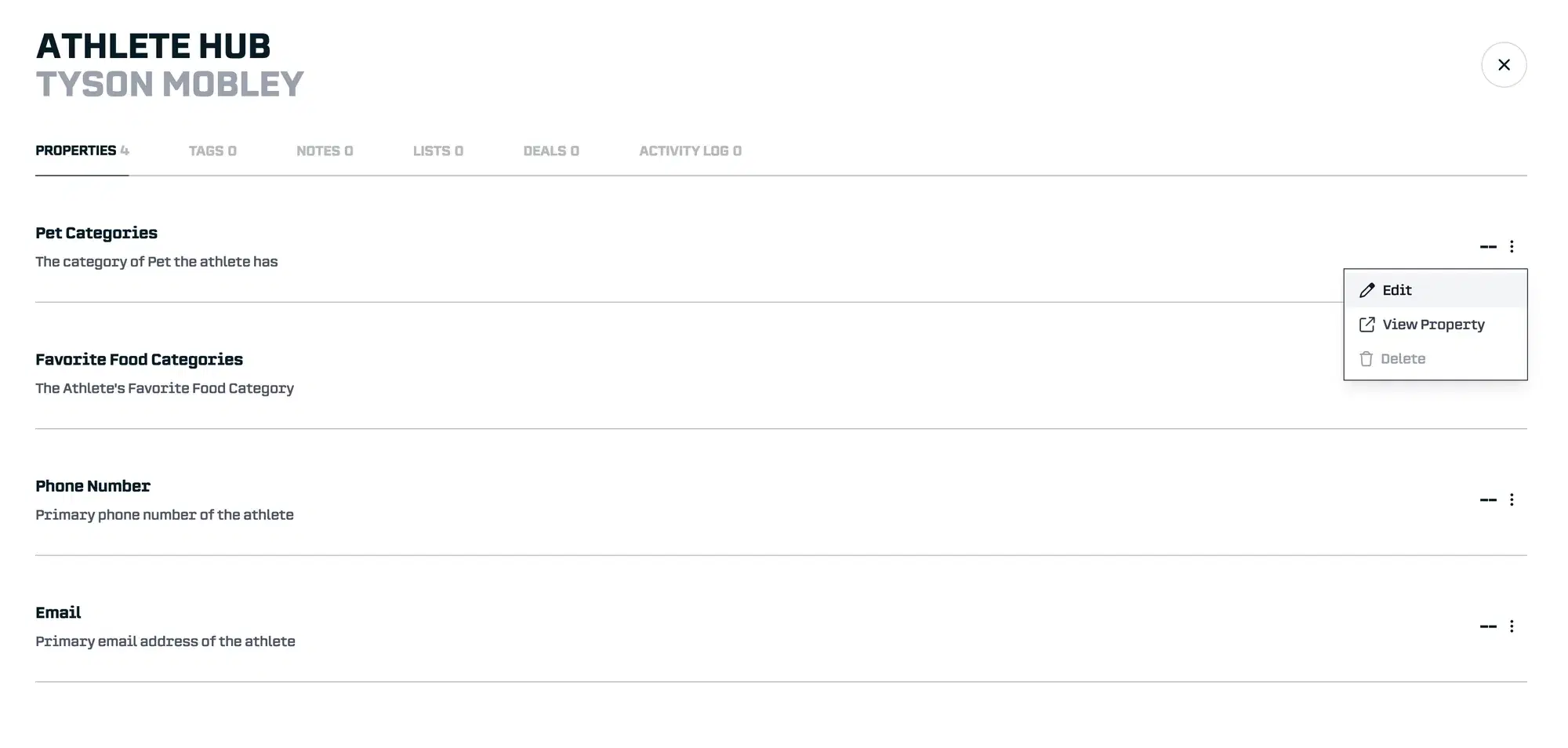 Athlete Hub Properties: Click edit on a property to update the value