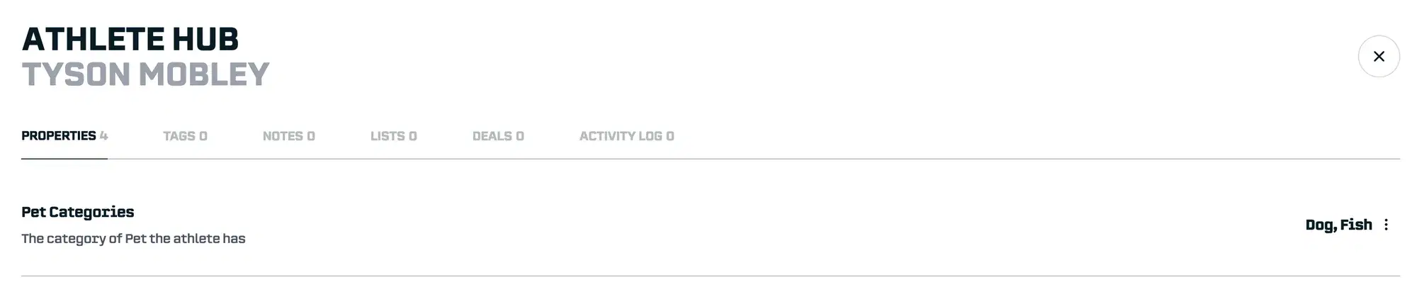 Athlete Hub Properties: After editing the property value