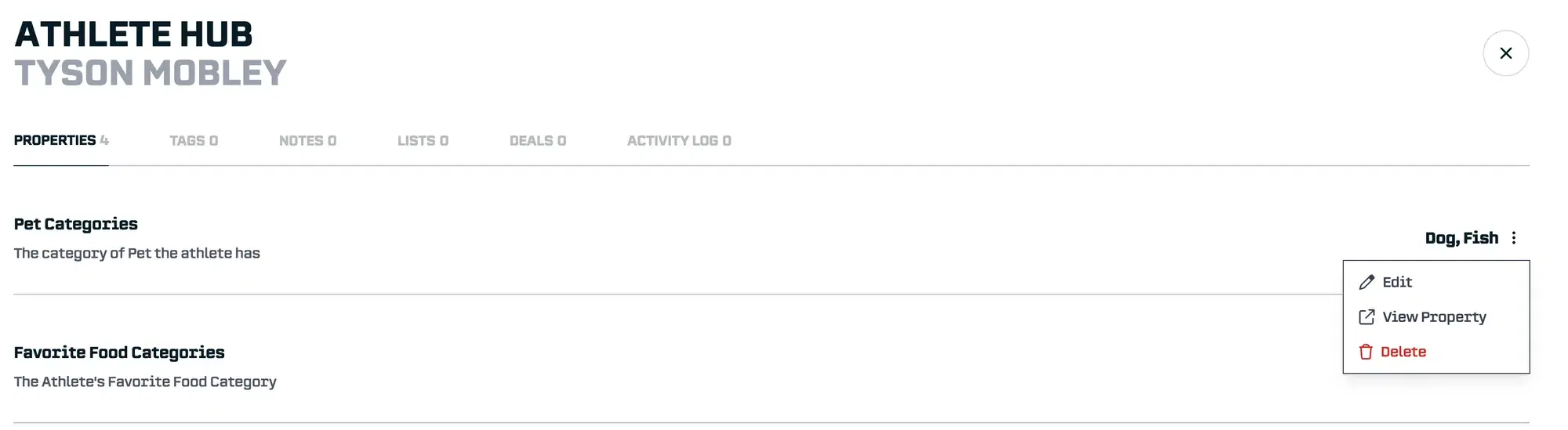 Athlete Hub Properties: Remove the property value from an athlete with Delete