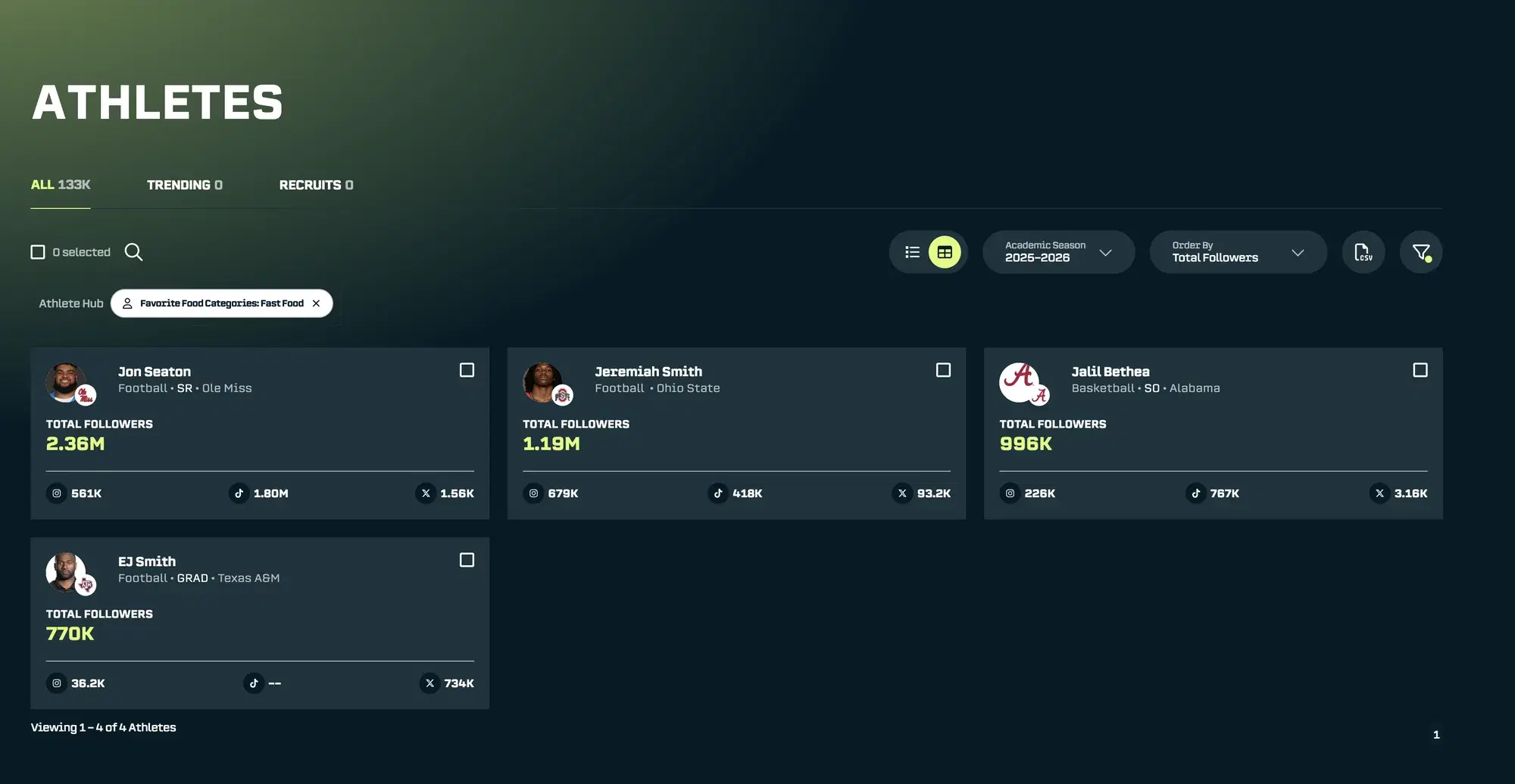 After filtering by properties, you will see the athletes that meet your criteria