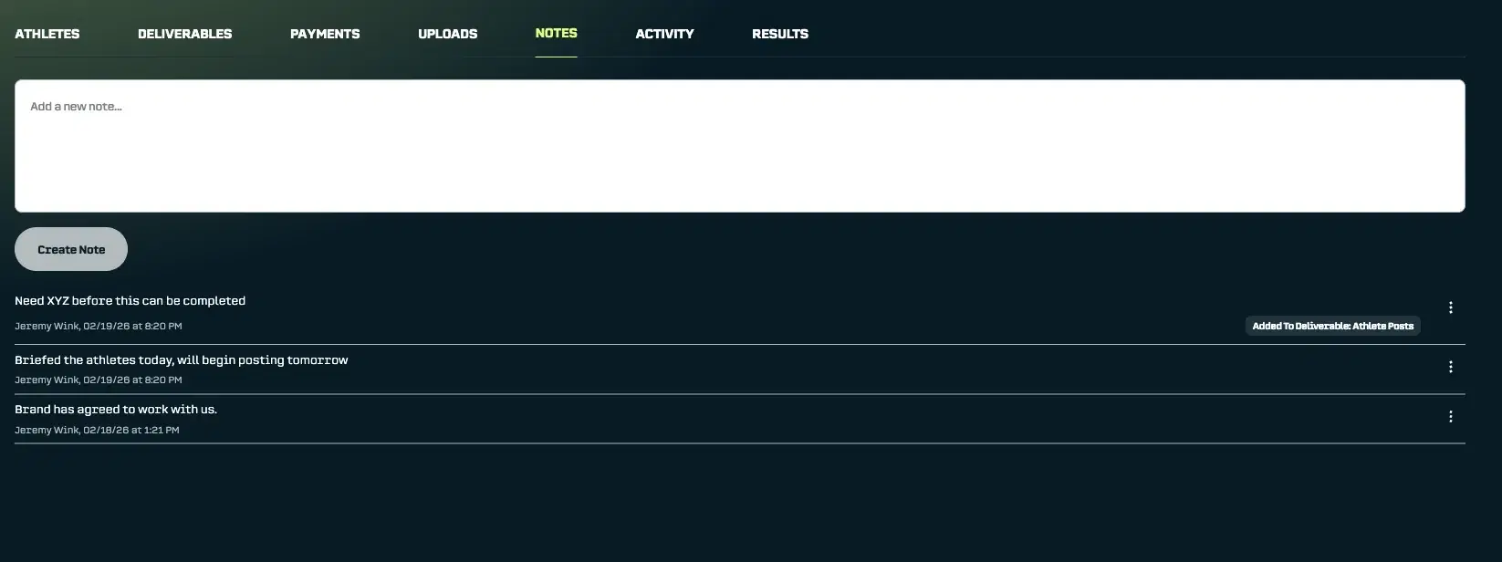 Deal Tracking: Notes