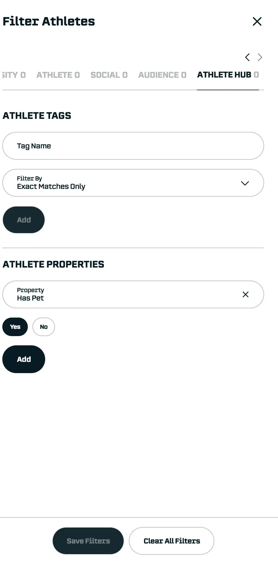 Filtering by Properties: Click filters on the athletes view, go to the “Athlete Hub” tab, and enter your property / value.