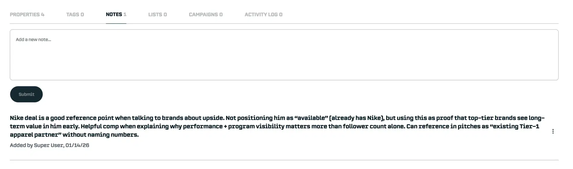 Viewing Notes: In an Athlete’s Athlete Hub, switch to the “Notes” tab to view the notes and add notes.