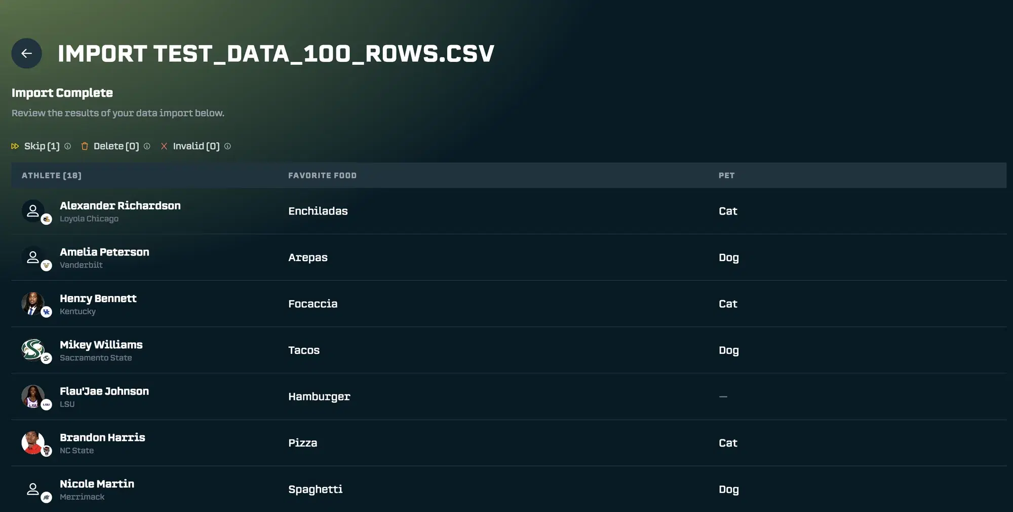 Athlete Hub Data Import: Easily upload spreadsheets and map the columns to properties to quickly get started with the Athlete Hub